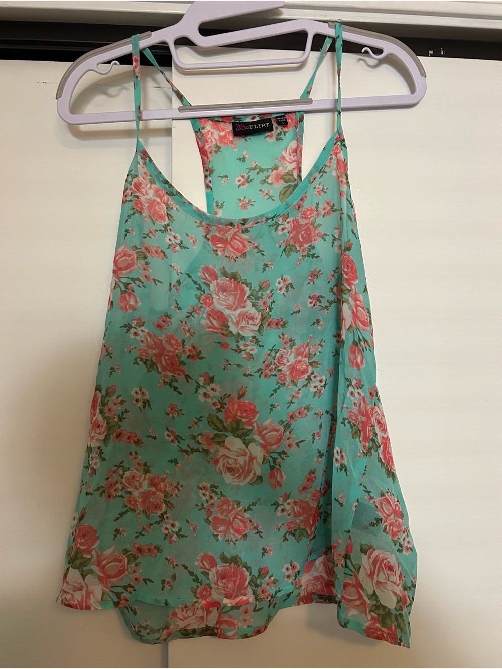 Floral Chiffon Cami Tank Top - Mint with Pink Roses